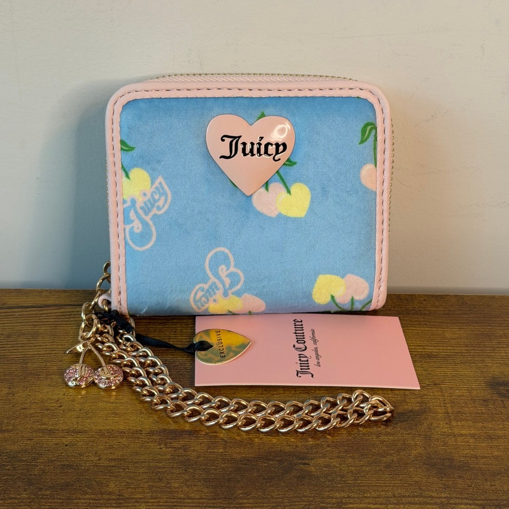 New Juicy Couture Retro Cherry Blue Light Pastel Pink Wallet Wristlet Cute Y2K